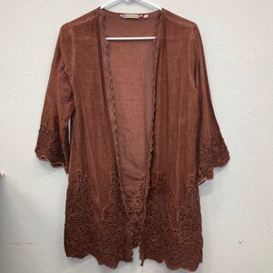 Soft surroundings Brandy Brown Embroidered Half Sleeve Cardigan XS #734